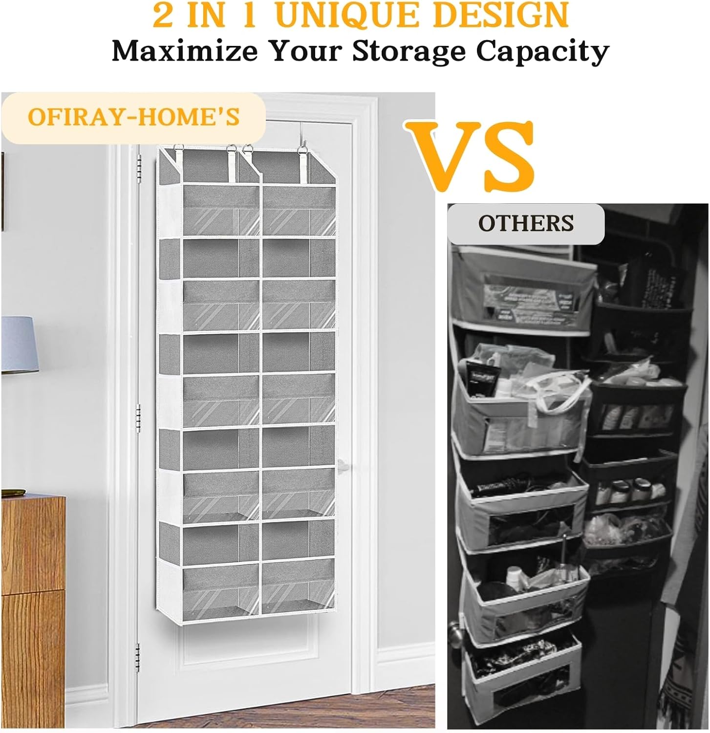 Over The Door Organizer, 5-Tier Extra Large Behind Door Storage with 10 Big Front & 10 Mesh Pockets, 80lb Capacity, Hanging Storage Organizer with Clear Window Kids Toys, Shoes, Diapers,**** Light Grey